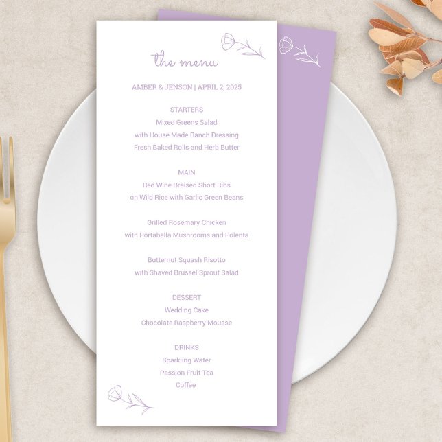 Menu Mariage fleur sauvage à Lilac (Wildflower Wedding Menu in Lilac)