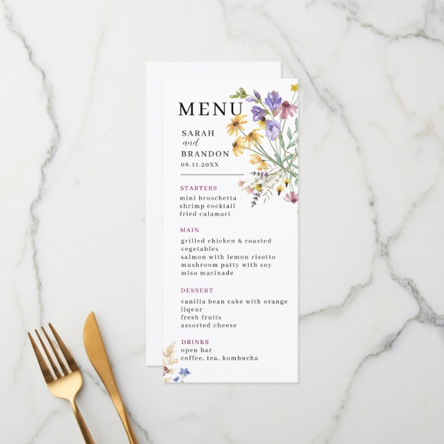 Menu Mariage Fleur sauvage Boho (Devant/Arrière en situation)