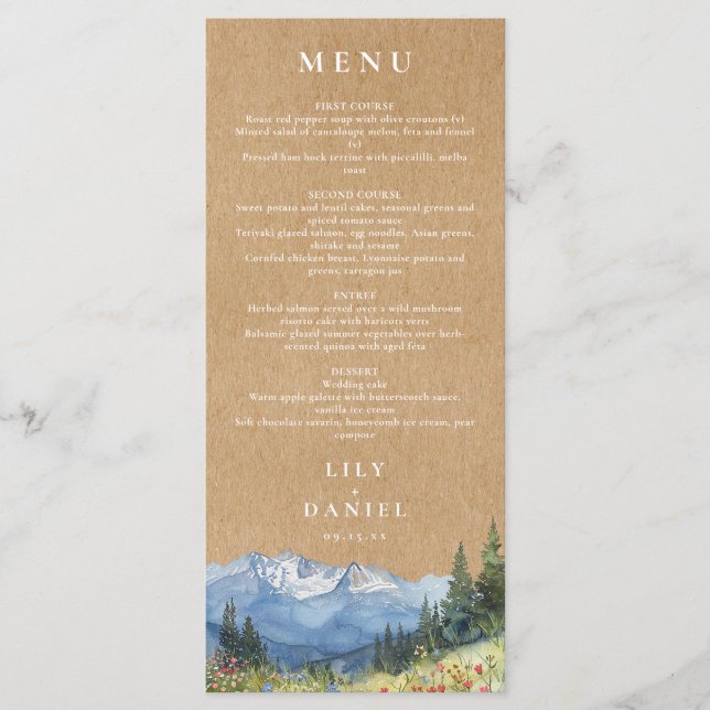 Menu Mariage Fleur Sauvage Montagnard Aquarelle Rustiqu (Devant)