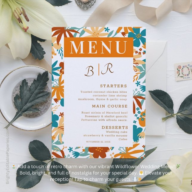 Menu Mariage Fleur sauvage rétroactif Abstrait brillant (Elevate your reception with vibrant nostalgia! 🌿💍)