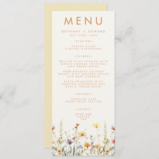 Menu Mariage Fleur sauvage rustique (Devant / Derrière)