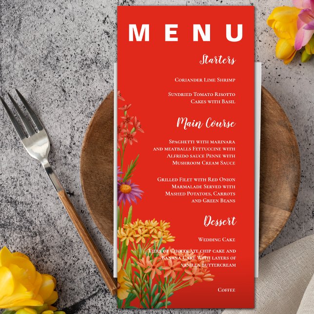 Menu Mariage Fleur sauvage violet jaune orange (Yellow Purple Orange Wildflowers Wedding Party Menu)
