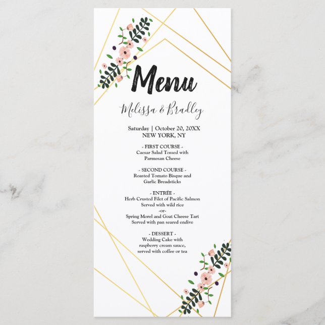 Menu Mariage fleuri violet cadre d'or géométrique (Devant)