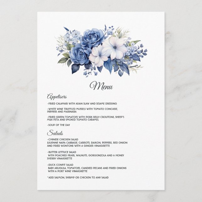 Menu Mariage Fleurie Bleu Marine et Blanc (Devant)