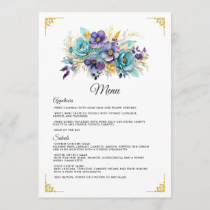 Menu Mariage Fleurie Bleu Vert, Violet et Or