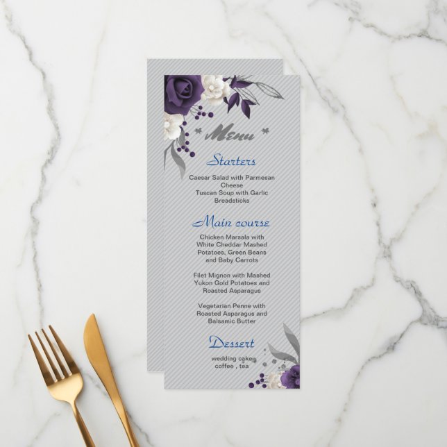Menu Mariage fleurs blanches et violet poussiéreux feui (Devant/Arrière en situation)