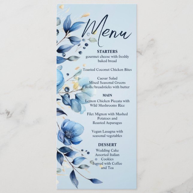 Menu Mariage Fleurs Bleues Aquarelles (Devant)