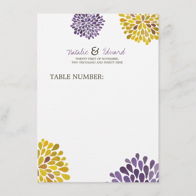 Menu mariage Fleurs Dahlia violettes et jaunes (Devant)