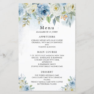 Menu Mariage Fleurs d'aquarelle bleu foncé