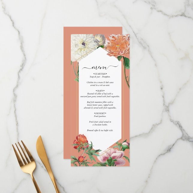 Menu Mariage Fleurs de Pivoines Rose Pêche Aquarelle (Devant/Arrière en situation)