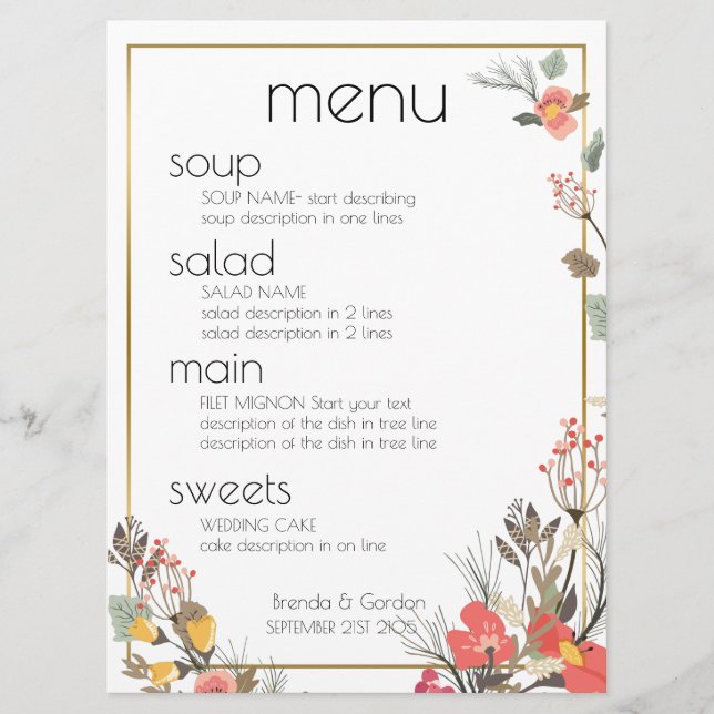 Menu mariage - Fleurs et cadre Or (Devant)