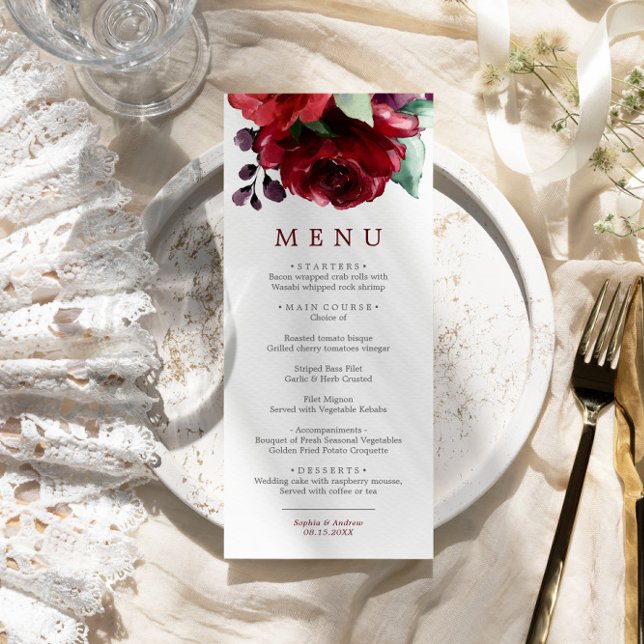Menu Mariage Fleurs Roses Rouges Bourgogne (Créateur téléchargé)