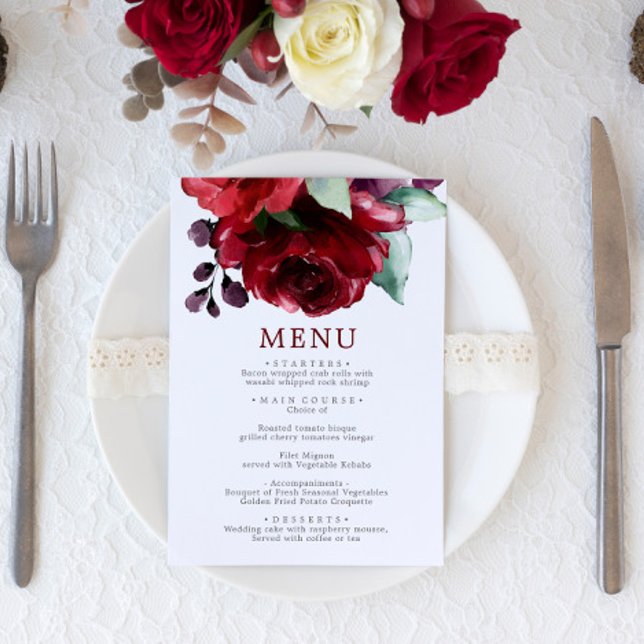 Menu Mariage Fleurs Roses Rouges Bourgogne (Créateur téléchargé)