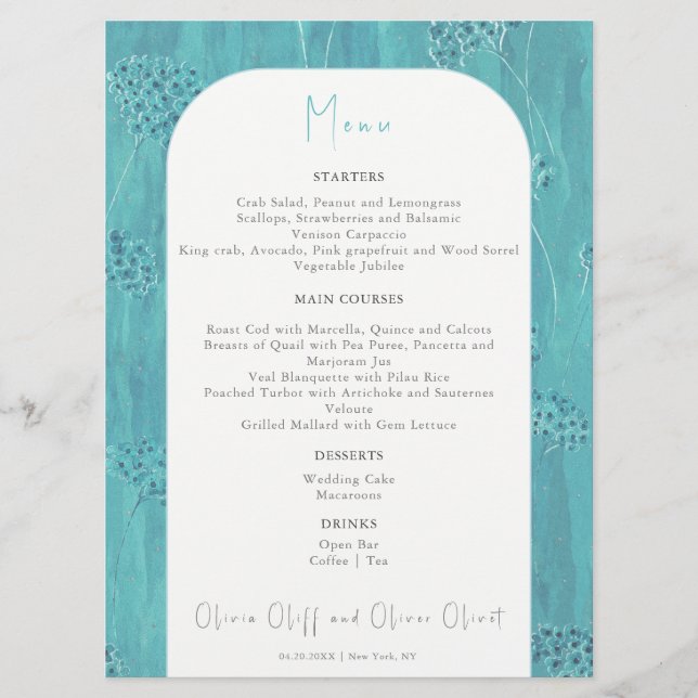 Menu Mariage Fleurs Turquoise Cute (Devant)