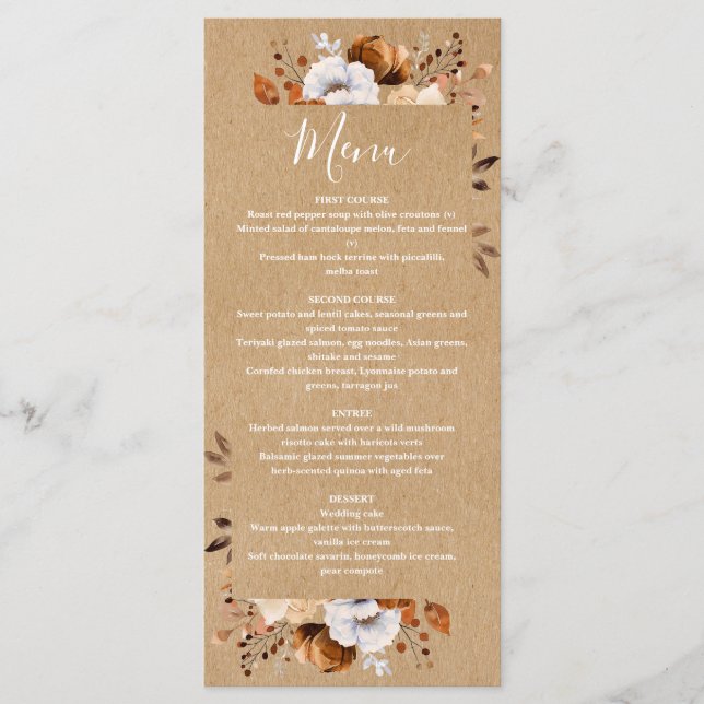 Menu Mariage Floral Automne Kraft Rustique (Devant)