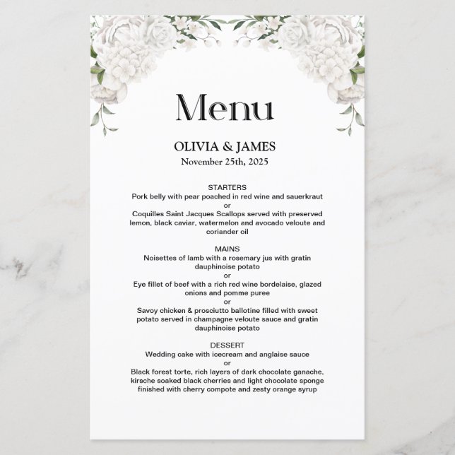 Menu Mariage Floral Blanc (Devant)