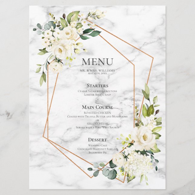 Menu Mariage floral blanc blanc en marbre géométrique c (Devant)