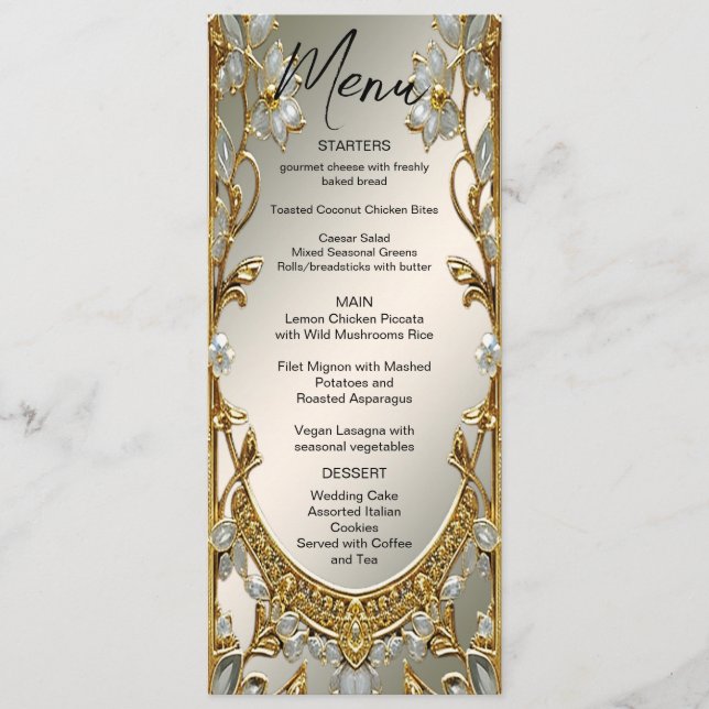 Menu Mariage Floral Blanc Orné Or (Devant)