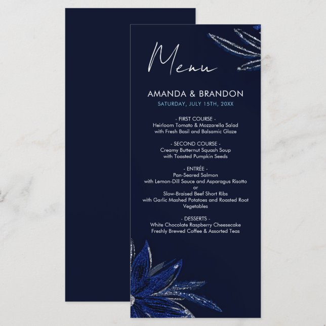 Menu Mariage floral bleu argenté et marine (Devant / Derrière)