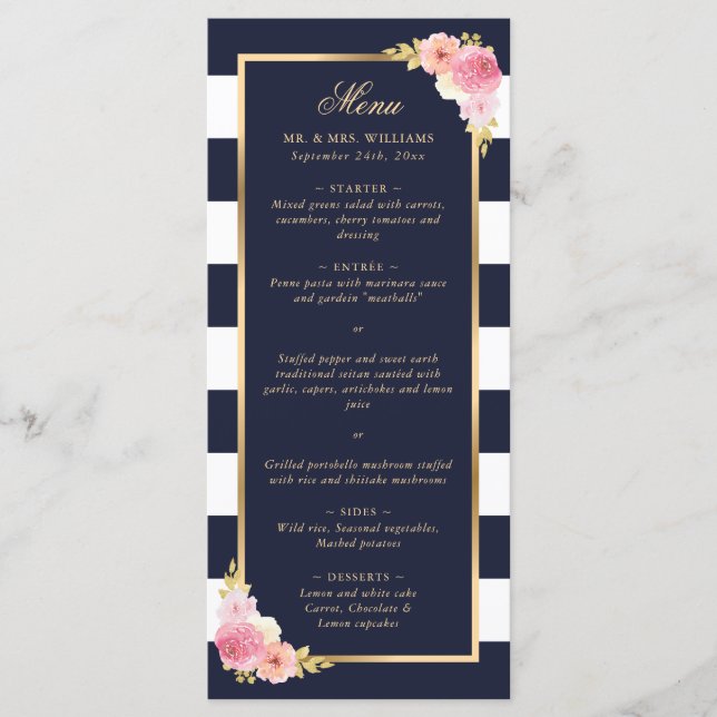 Menu Mariage floral bleu bleu bleu marine (Devant)