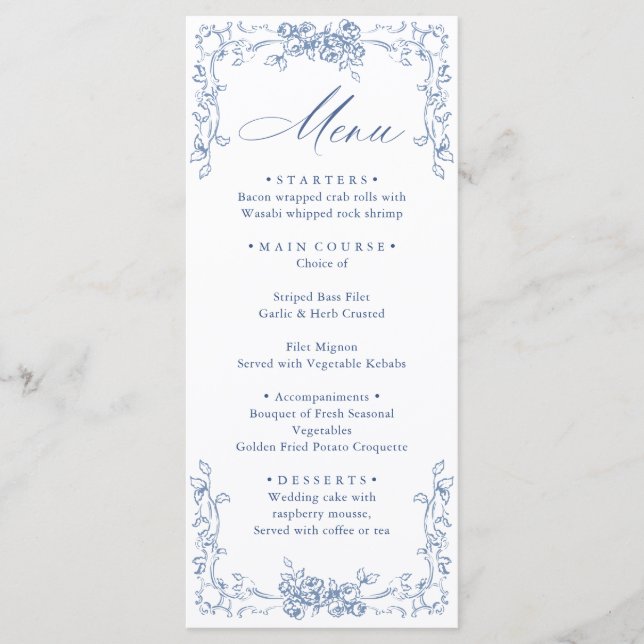 Menu Mariage Floral bleu bleu de la Renaissance (Devant)