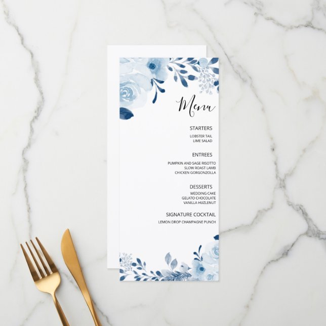 Menu Mariage Floral bleu français moderne (Devant/Arrière en situation)