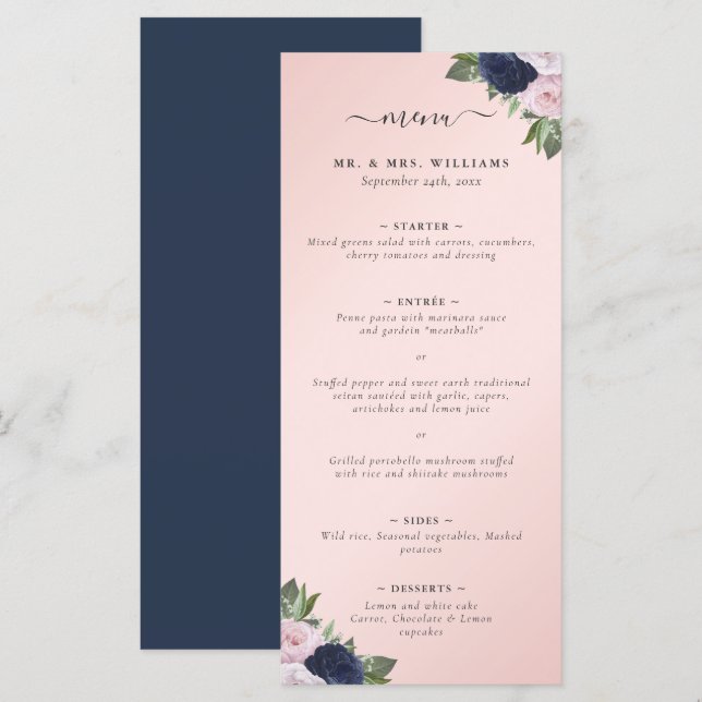 Menu Mariage floral bleu marine et blanc (Devant / Derrière)