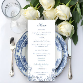 Menu Mariage Floral Bleu Poussiéreux Élégant Classique