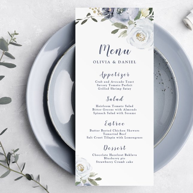 Menu Mariage floral botanique fleuri bleu poussiéreux (Blooming botanical dusty blue floral wedding menu)