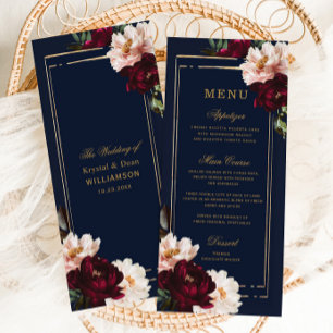 Menu Mariage Floral Burgundy Blush Navy Bleu Sombre
