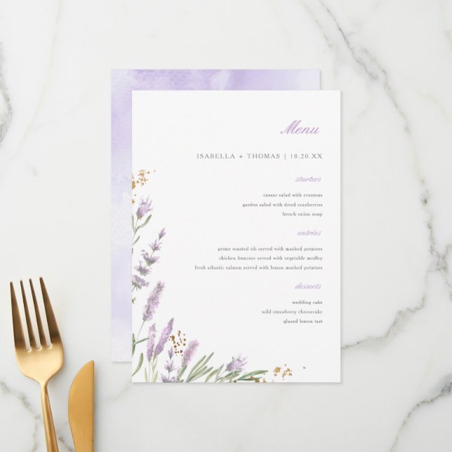 Menu Mariage floral chic or et aquarelle (Devant/Arrière en situation)