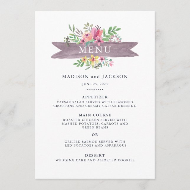 Menu Mariage floral d'aquarelle (Devant)