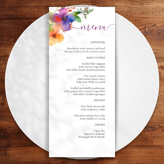 Menu Mariage floral d'aquarelle brillante (Créateur téléchargé)