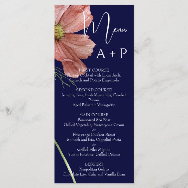 Menu Mariage floral de la marine d'aquarelle simple (Devant)