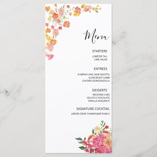 Menu Mariage floral d'été rose et orange (Devant)