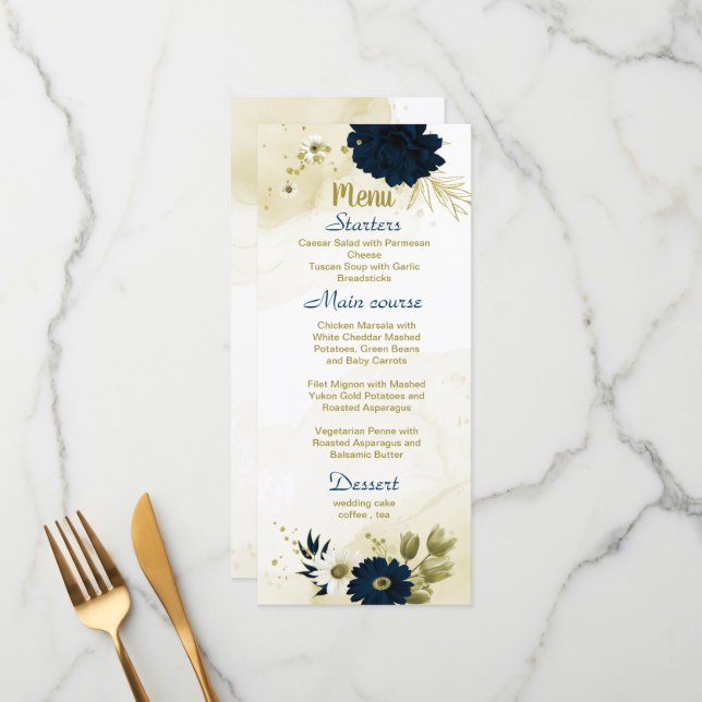 Menu Mariage floral d'ivoire bleu marine (Devant/Arrière en situation)