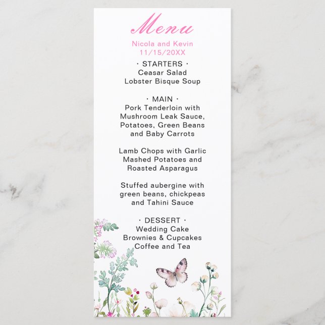 Menu Mariage floral du papillon vert du printemps (Devant)