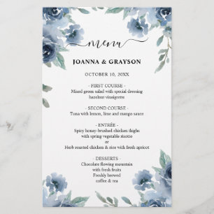 Menu Mariage floral Dusty Blue Slate Navy