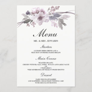Menu Mariage Floral Élégant Violet Gris Hiver