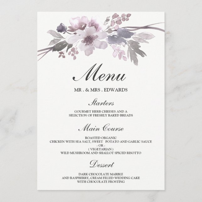 Menu Mariage Floral Élégant Violet Gris Hiver (Devant)