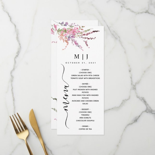 Menu Mariage Floral Fleur sauvage de printemps (Devant/Arrière en situation)