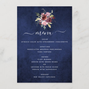 Menu Mariage floral géométrique bleu de la marine de Bo