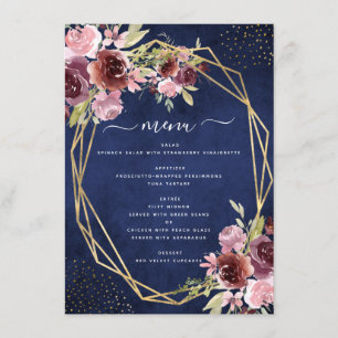 Menu Mariage floral géométrique bleu de la marine de Bo