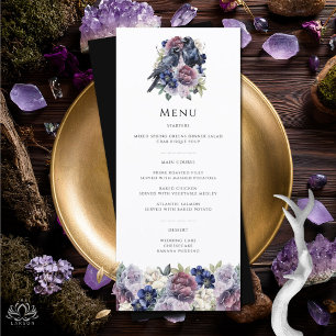 Menu Mariage Floral Gothique Violet Aquarelle Corbeaux