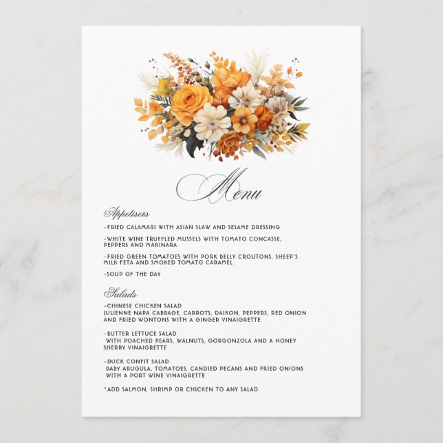 Menu Mariage floral jaune, orange et ivoire (Devant)