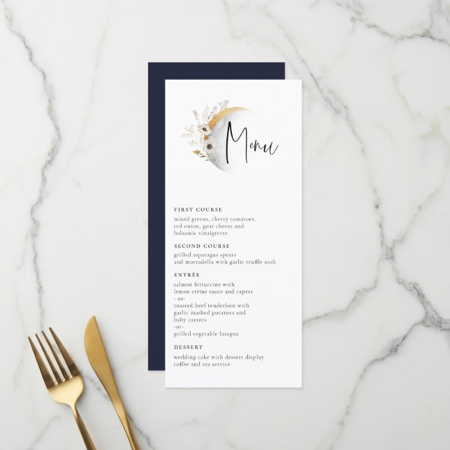 Menu Mariage Floral Moon Boho doré (Devant/Arrière en situation)