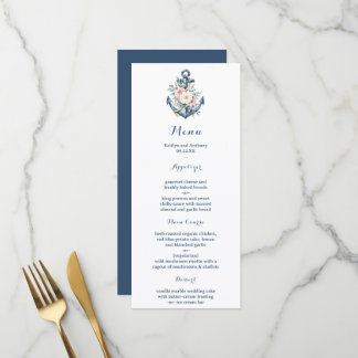 Menu Mariage Floral Naval à l'Aquarelle Ancre