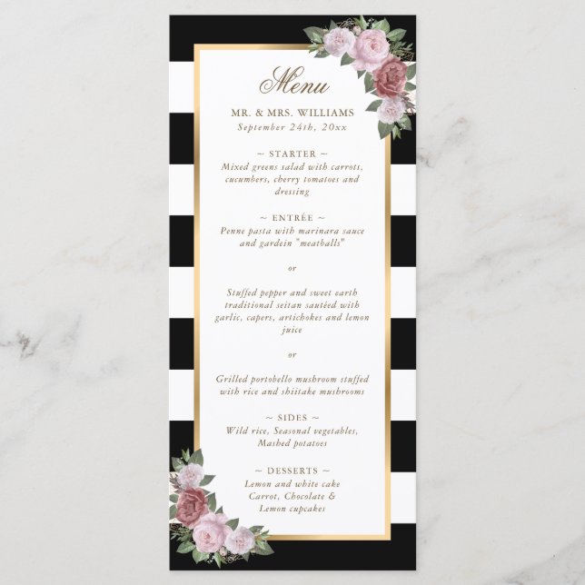 Menu Mariage floral noir blanc or rose (Devant)