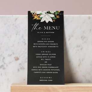 Menu Mariage Floral Noir Élégant Botanique Moderne