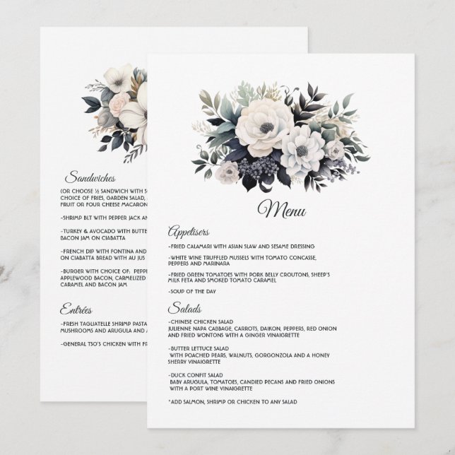 Menu Mariage floral noir et blanc (Devant / Derrière)